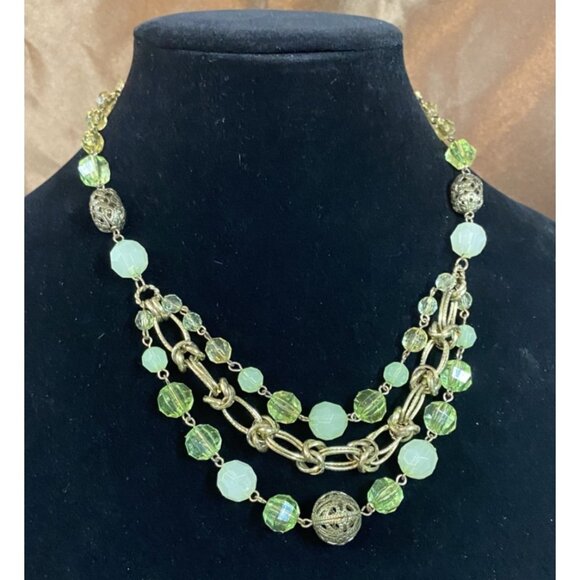 Green Beaded Statement Bib Necklace 3 Strand Gold Tone Chain Jewelry - Picture 1 of 4